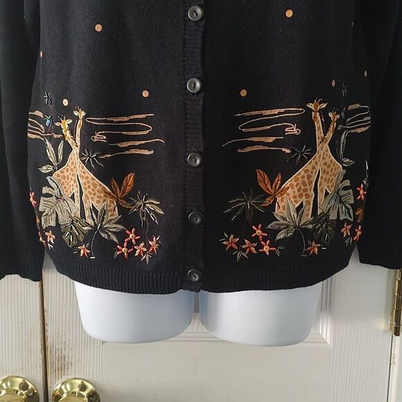 Alfred Dunner Petite 2 in 1 giraffe jungle black tan cardigan sweater combo Sz M - Picture 2 of 9